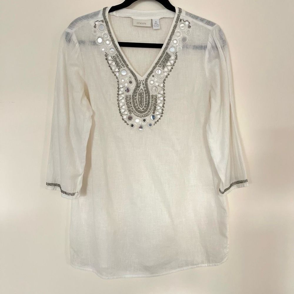 Chico’s Women’s Top Beaded Linen Cotton Sz M Tunic V-neck 3/4 sleeve